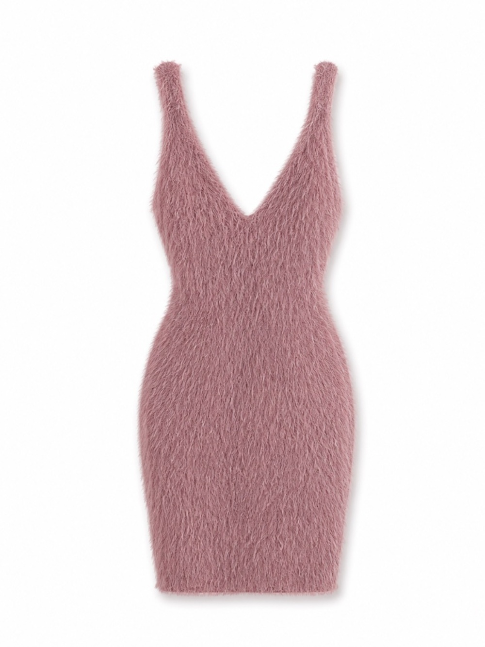 Dusty Pink Fuzzy Bodycon Mini Dress V-Neck